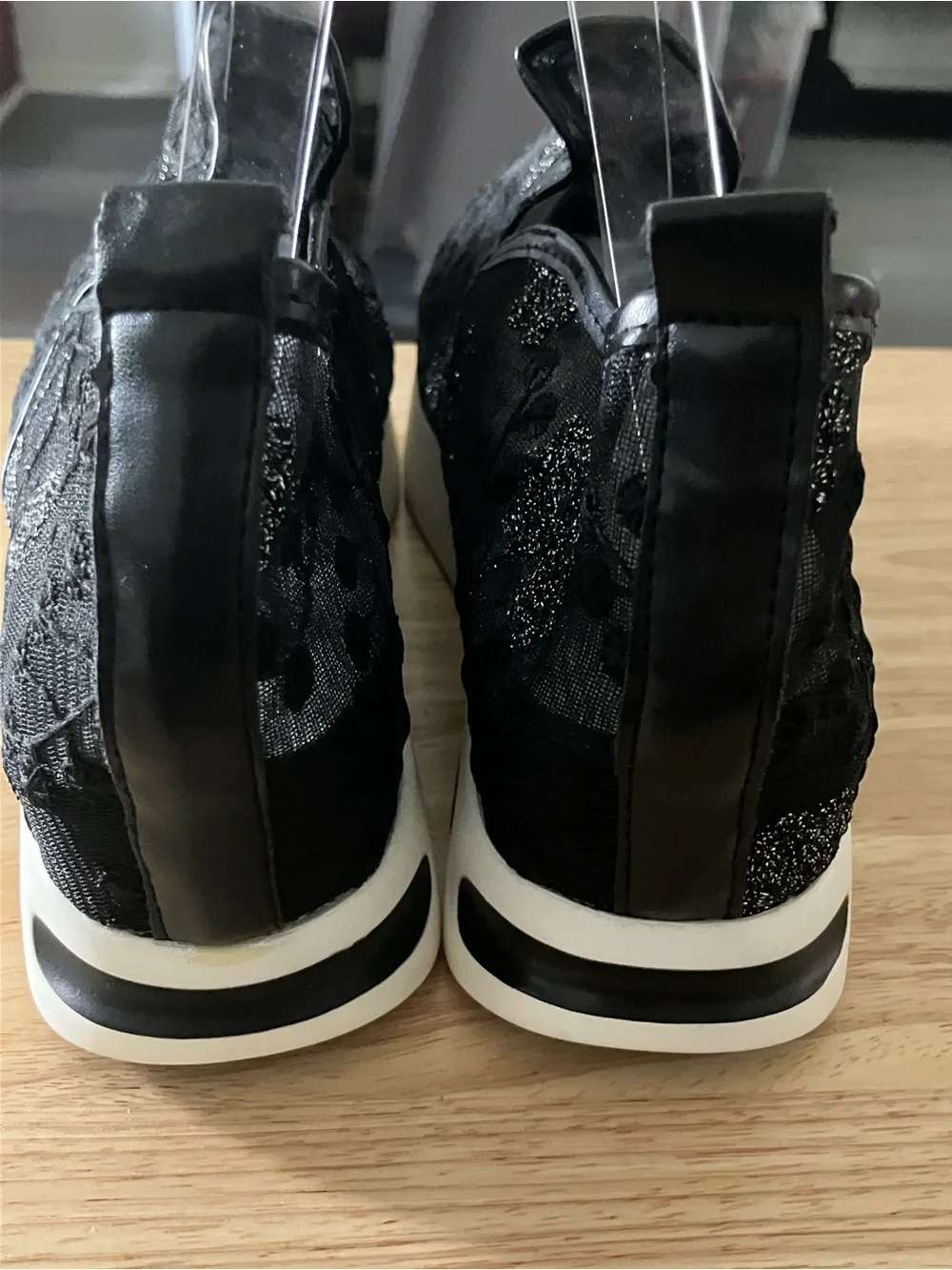 Black Lace Platform Slip-On Wedge Sneakers